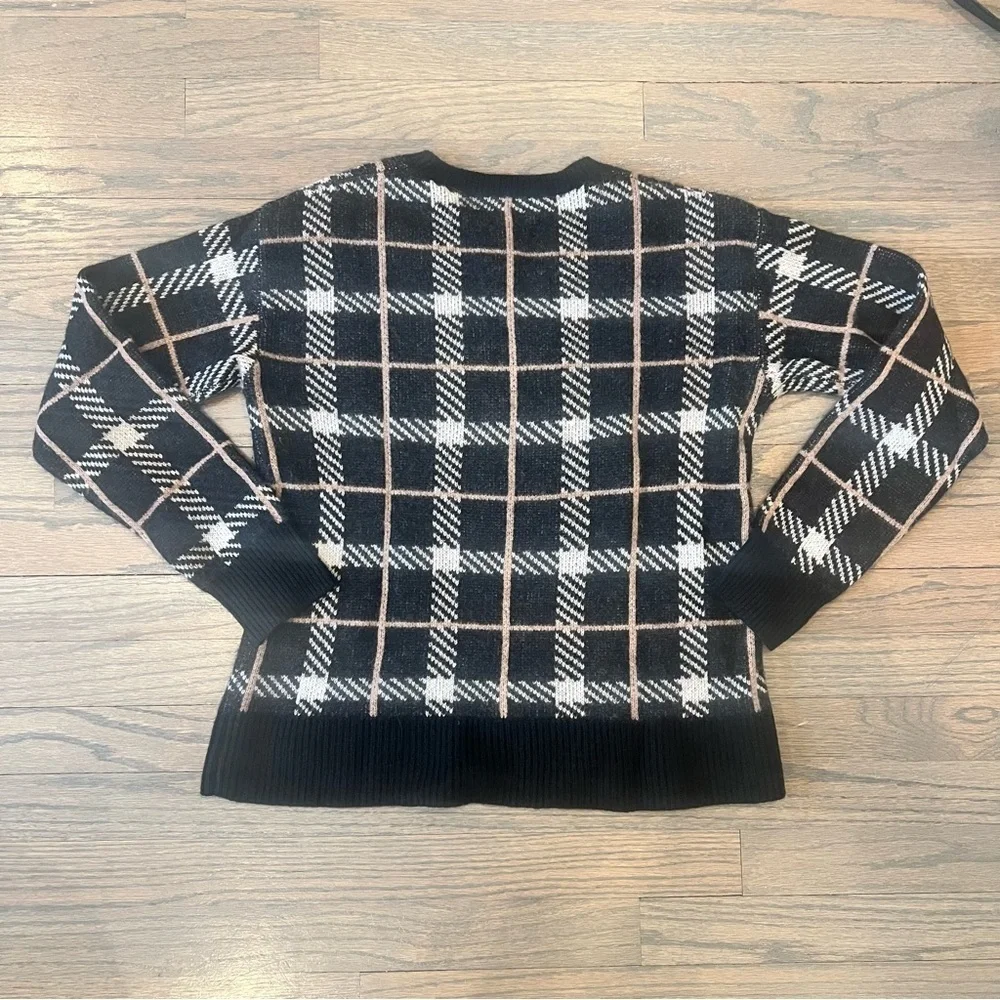 100% Cashmere Sweater C by Bloomingdale’s Black Tan Plaid Jaquard Crewneck XS - Picture 5 of 6